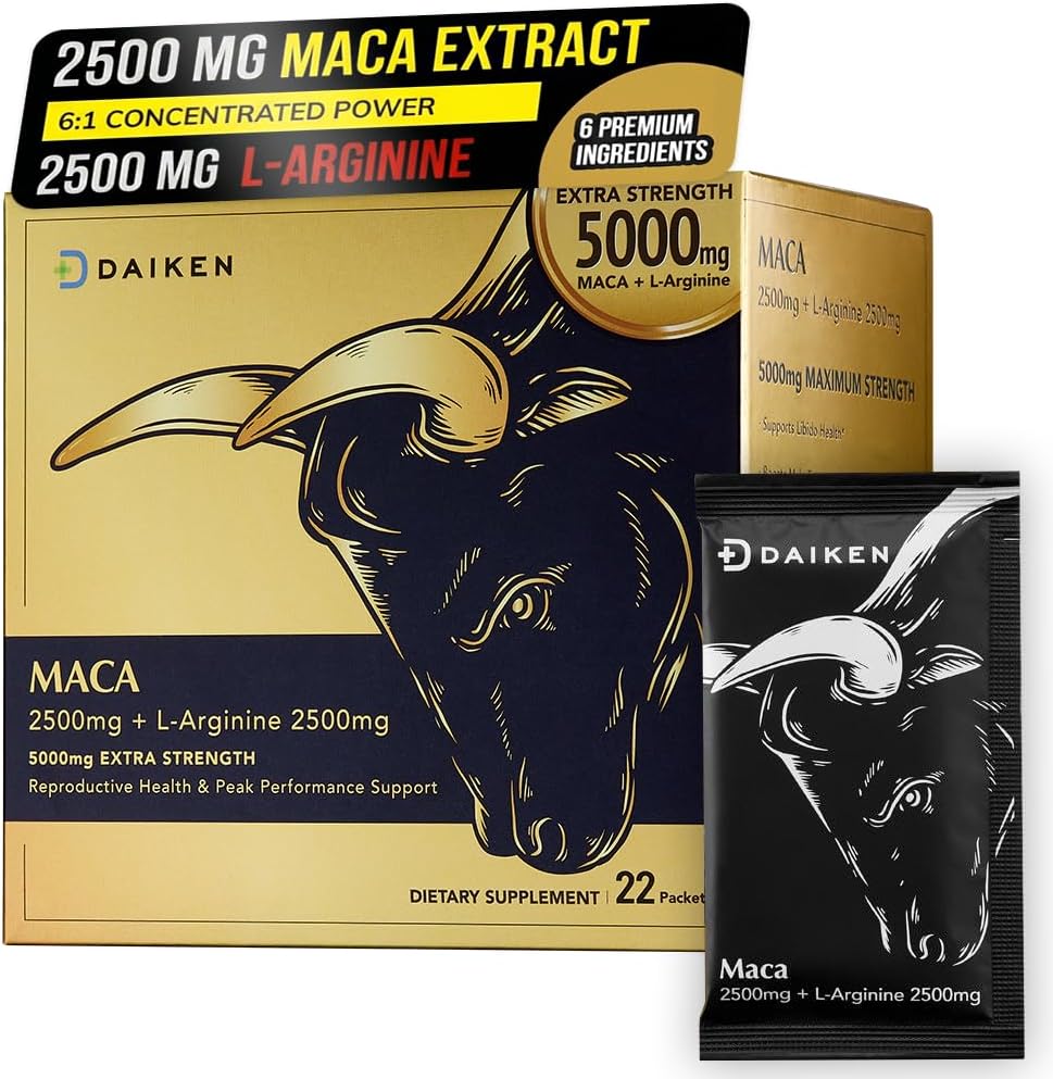 DAIKEN Peruvian Maca Root Powder Extra Strength 5,000 mg, Gelatinized Black, Red, Yellow Maca Blend with L-Arginine (2,500 mg) for Men and Women, Superior Absorption, Vegan, Lab Tested - 22 Packets