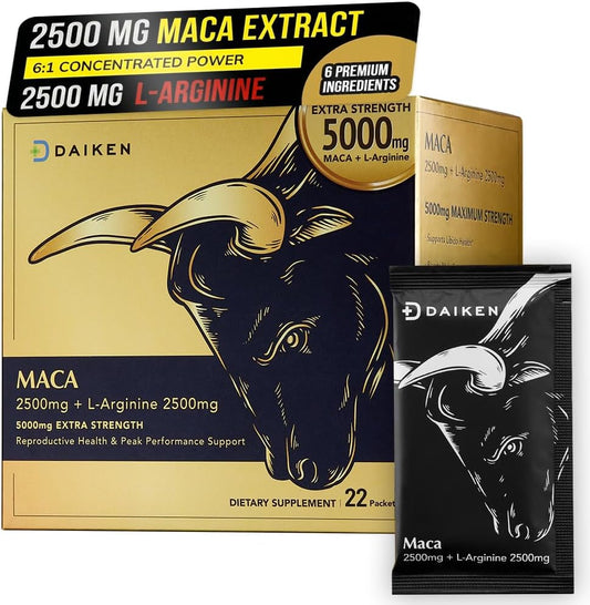 DAIKEN Peruvian Maca Root Powder Extra Strength 5,000 mg, Gelatinized Black, Red, Yellow Maca Blend with L-Arginine (2,500 mg) for Men and Women, Superior Absorption, Vegan, Lab Tested - 22 Packets