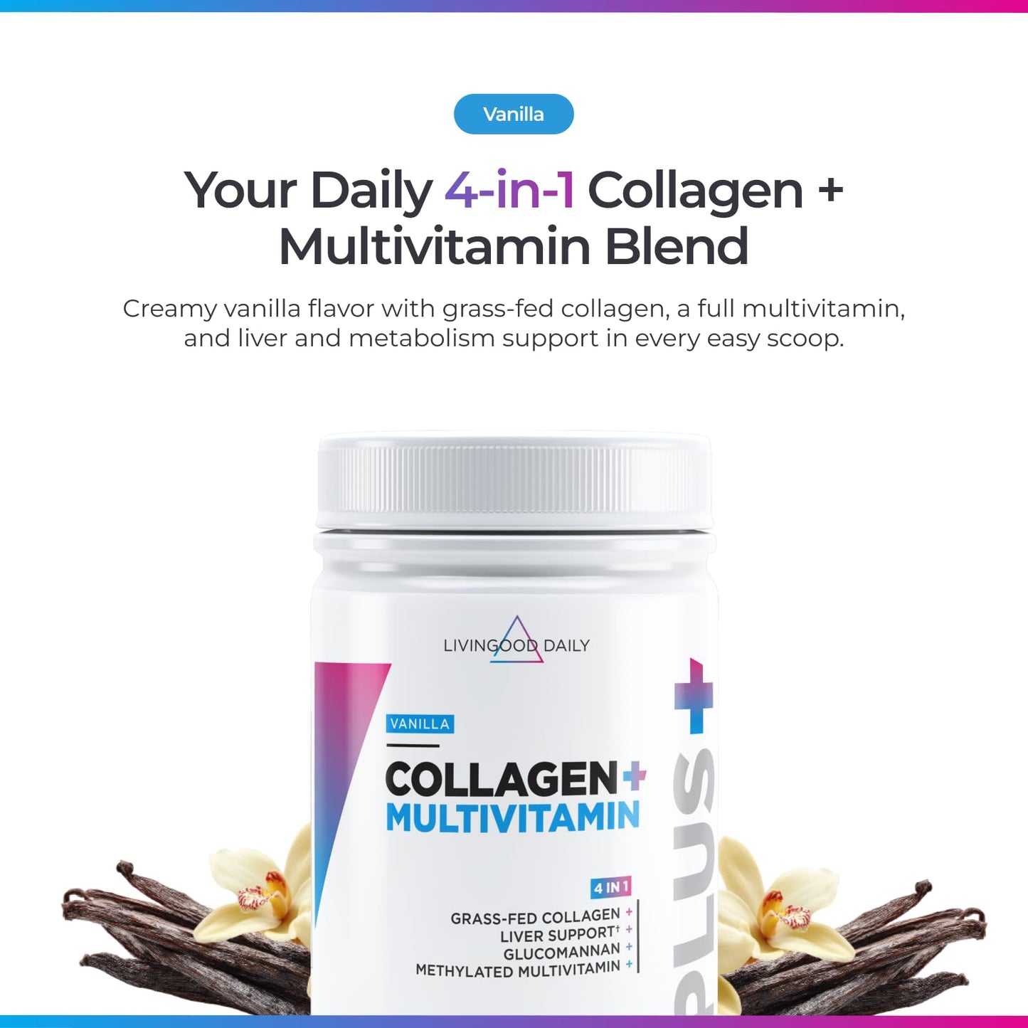 Livingood Daily Collagen Powder for Women and Men, Vanilla, Grass Fed Protein, Hydrolyzed Collagen Peptides with Vitamin C & Multi Vitamins for Hair, Skin, Nail & Gut Health, Gluten Free, 30 Servings