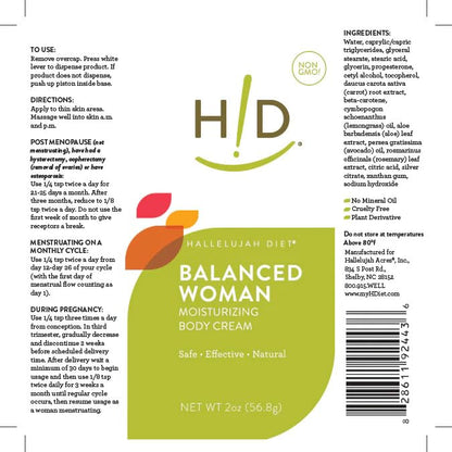 Hallelujah Diet – Balanced Woman Moisturizing Body Cream, Natural Progesterone Cream For Women