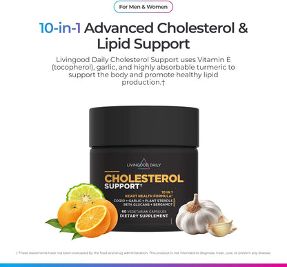Livingood Daily Cholesterol Support Supplement with Garlic, CoQ10, Vitamin E, Bergamot, Plant Sterols for Body and Heart Health Support, Supports LDL and Triglycerides, Gluten Free, Vegan, 60 Capsules