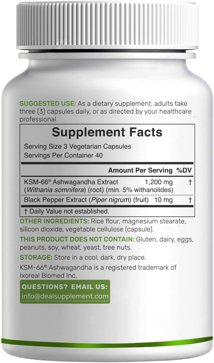KSM 66 Ashwagandha 1,200mg with Black Pepper, 120 Veggie Capsules – Extra Strength Root Extract – High Absorption – Adaptogenic Supplements for Relaxation, Energy, & Brain Health – Non-GMO