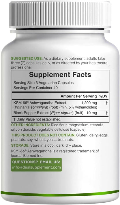 KSM 66 Ashwagandha 1,200mg with Black Pepper, 120 Veggie Capsules – Extra Strength Root Extract – High Absorption – Adaptogenic Supplements for Relaxation, Energy, & Brain Health – Non-GMO