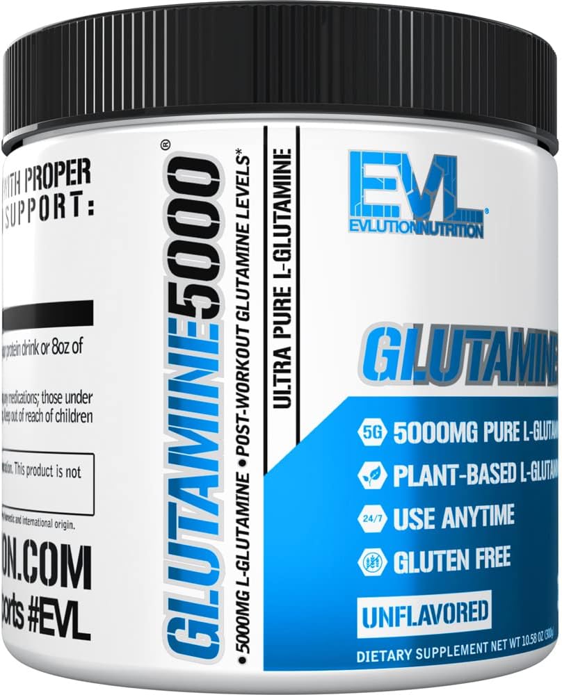 Pure Vegan L-Glutamine Powder Supplement - Evlution Nutrition Nitric Oxide Booster 5g L Glutamine Supplement for Post Workout Recovery Enhanced Pumps Gut Health Energy and Immunity - Unflavored