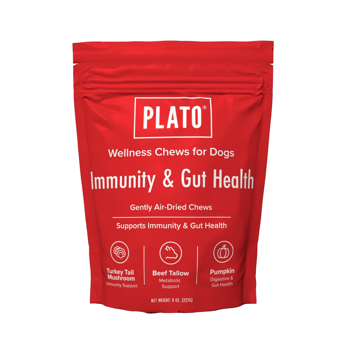 PLATO Pet Treats Air-Dried Wellness Chews for Dogs – Functional Dog Chews – Supports Immunity & Gut Health – Turkey Tail Mushroom, Pumpkin & Beef Tallow Recipe 8oz