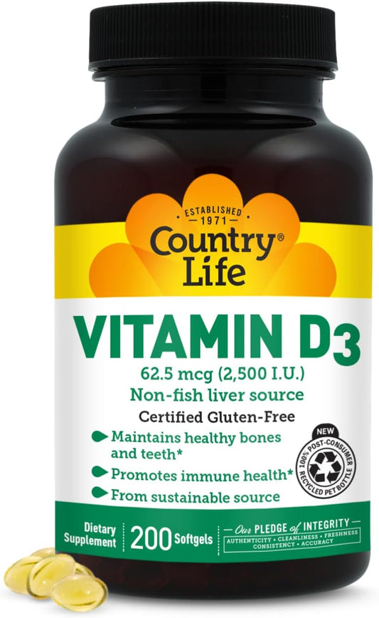Country Life Vitamin D3 2500 IU – Non-Fish Derived, High Potency Vitamin D3 for Bone Strength, Immune Support & Calcium Absorption – Certified Gluten-Free, 200 Softgels