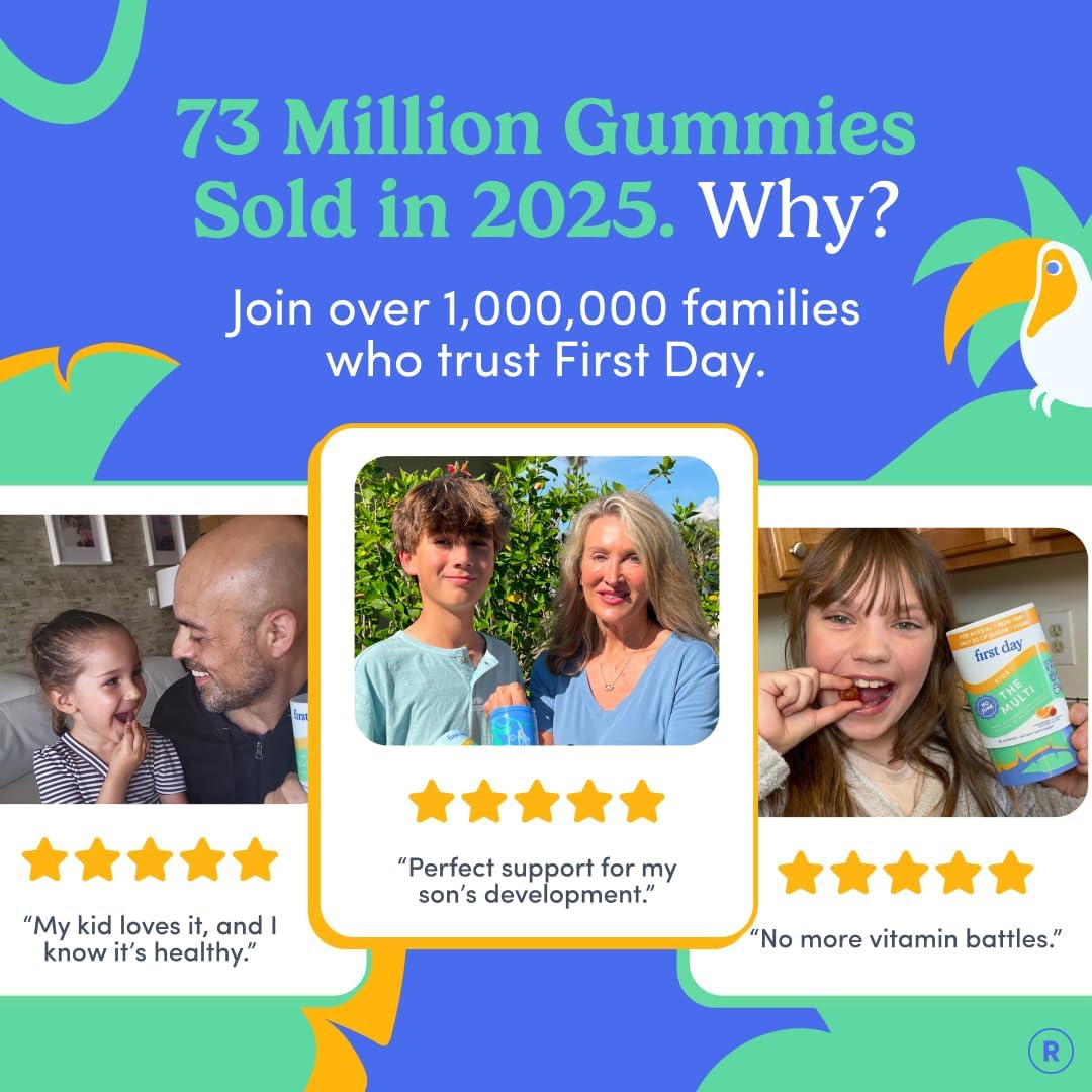 FIRST DAY Kids Multivitamin Gummies Age 4+, Strawberry & Orange - Kids Vitamins Multivitamin Gummy A C D3 K2 B1 B2 B6 B12 Folate, Immunity & Brain Function, Vegan - 30 Day Supply, Packaging May Vary