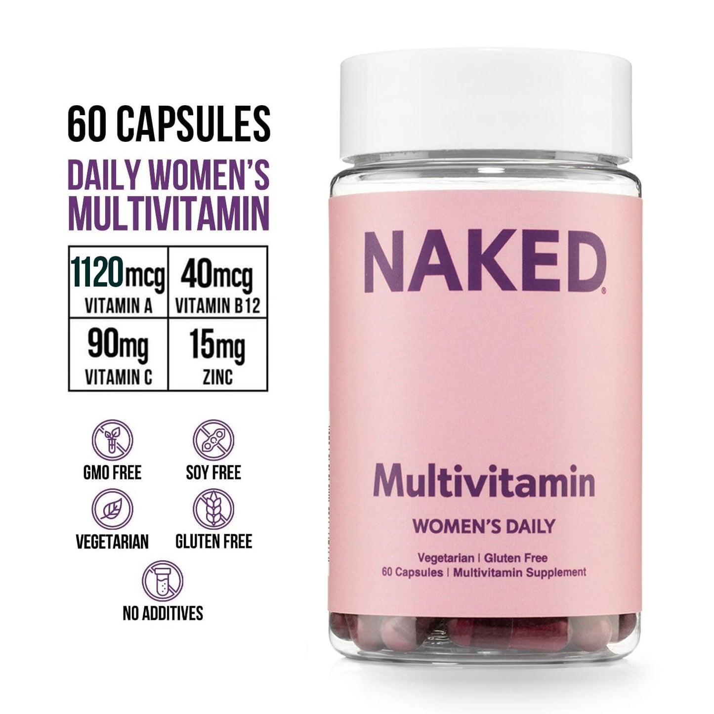 NAKED Men’s Multi – Daily Multivitamin for Men – A, C, E, Selenium, Zinc, Fruit and Super Green Extracts and More to Boost Immune Support – Gluten-Free and Vegetarian Daily Vitamins – 60 Capsules