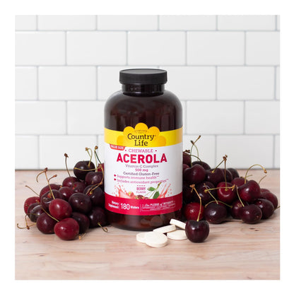 Country Life Acerola Vitamin C Complex, 500mg, Chewable Berry Flavored Wafers, Supports Immune Health, 180 Wafers, Certified Gluten Free by GFCO , Certified Vegan by AVA