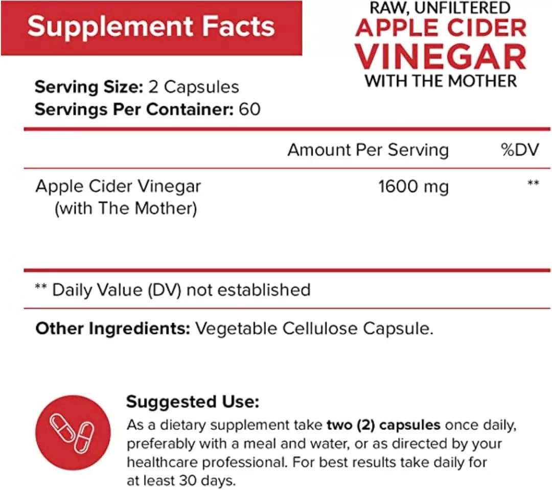 Apple Cider Vinegar Capsules with The Mother - 120 Vegan ACV Pills - Best Supplement for Healthy Weight Loss, Diet, Keto, Digestion, Detox, Immune - Powerful Cleanser & Appetite Suppressant Non-GMO