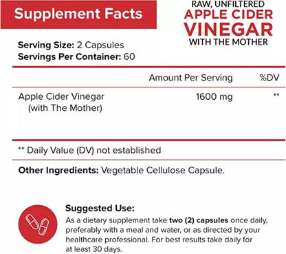 Apple Cider Vinegar Capsules with The Mother - 120 Vegan ACV Pills - Best Supplement for Healthy Weight Loss, Diet, Keto, Digestion, Detox, Immune - Powerful Cleanser & Appetite Suppressant Non-GMO