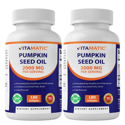 Vitamatic Pumpkin Seed Oil 2000mg Softgel Capsules, 180 Softgels | 1000mg per Softgel