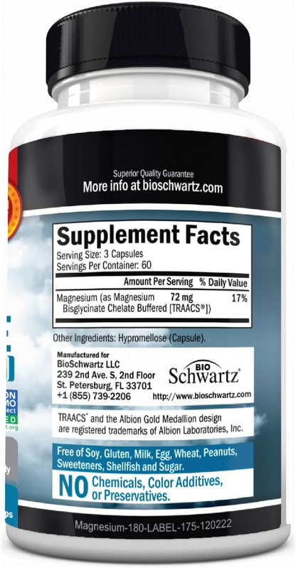 Magnesium Bisglycinate Chelated Supplement -180 Capsules