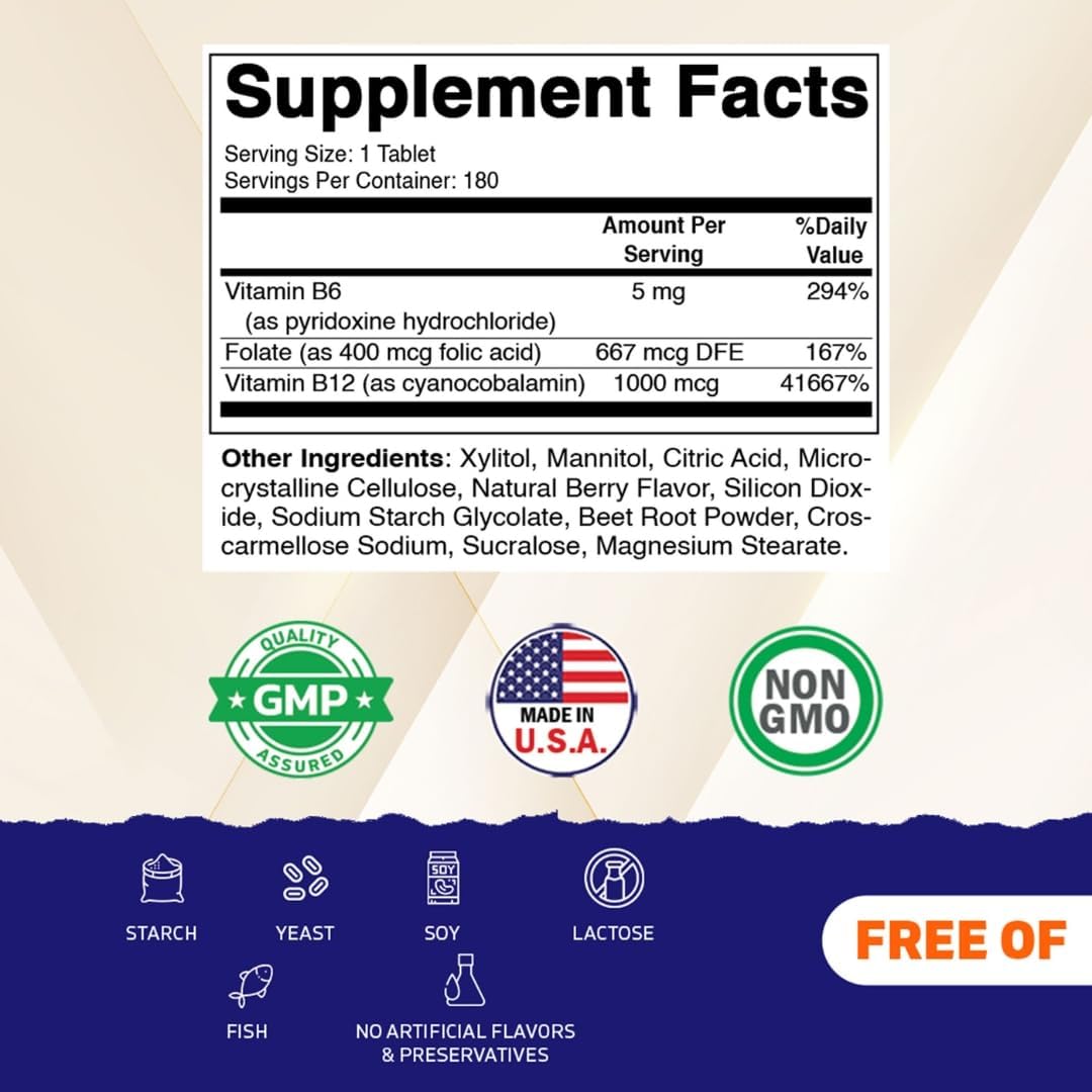 Vitamatic Folic Acid, Vitamin B12 & B6 – 180 Fast Dissolve Tablets Heart Health, Energy Production & Red Blood Cell Support