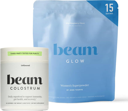 BEAM Glow + Colostrum Powder Bundle – Beauty and Gut Health Superfood Duo for Radiant Skin, Healthy Hair, Immune Support, Digestive Balance, Hydration, and Daily Wellness from Within