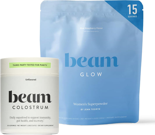 BEAM Glow + Colostrum Powder Bundle – Beauty and Gut Health Superfood Duo for Radiant Skin, Healthy Hair, Immune Support, Digestive Balance, Hydration, and Daily Wellness from Within