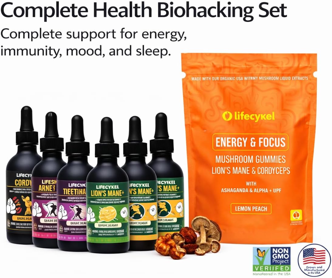 Life Cykel Premium Mushroom Extract Liquid Bundle – Lion’s Mane, Cordyceps, Reishi, Chaga, Turkey Tail & Shiitake (1oz Each) with Included Energy Gummies (10-Count), for Vitality & Mental Clarity