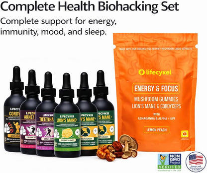 Life Cykel Premium Mushroom Extract Liquid Bundle – Lion’s Mane, Cordyceps, Reishi, Chaga, Turkey Tail & Shiitake (1oz Each) with Included Energy Gummies (10-Count), for Vitality & Mental Clarity