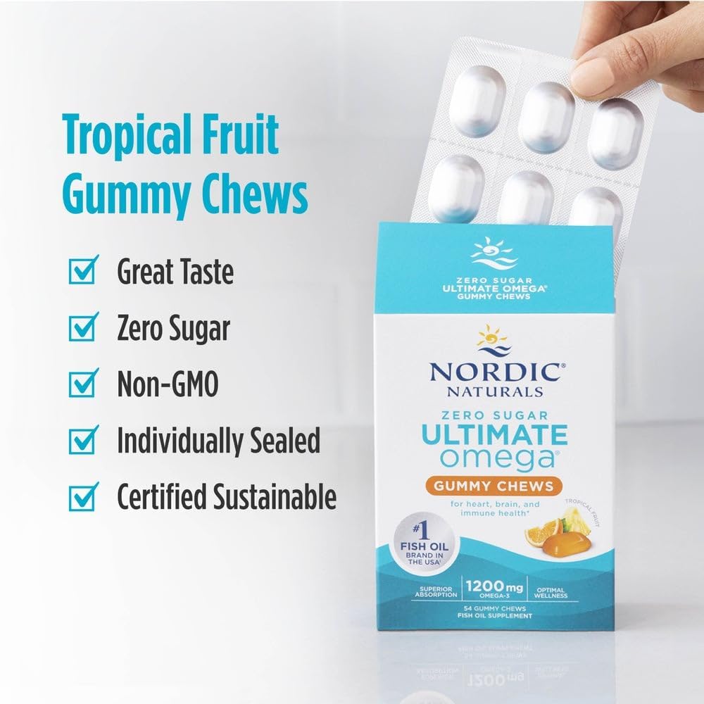 Nordic Naturals Omega 3 Gummies - Ultimate Omega - 54 Count - Tropical | Tropical Fruit gummies. Zero sugar. High-potency omega-3 (Ultimate Omega formula). Heart & brain support. Non-GMO. 54 count.