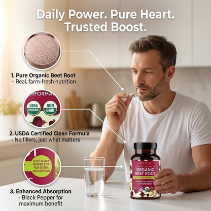 Organic Beet Root Capsules 1350mg – USDA Certified Beetroot Powder Supplement with Black Pepper | Nitric Oxide & Circulation Support | Vegan Non-GMO | 120 Tablets 2 Month Supply