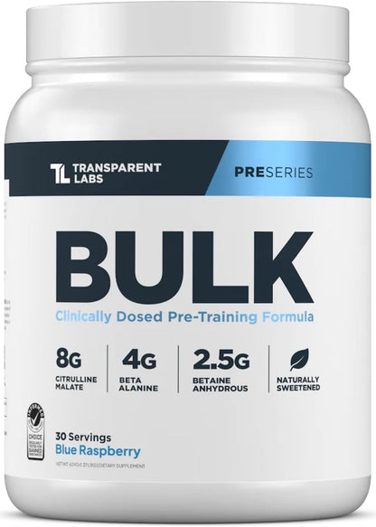 Transparent Labs Bulk Pre Workout Powder for Muscle Building & Strength 30 Servings, Blue Raspberry & Hydrate Electrolytes Powder with Coconut Water, Taurine, & Potassium 40 Servings, Tropical Punch