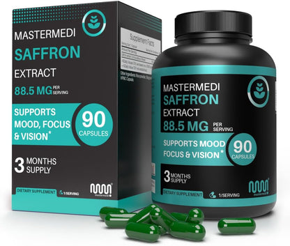 mastermedi Saffron Extract 88.5mg – Mood, Memory & Eye Health Support – 90 Vegan Capsules, 3-Month Supply – Pure Crocus Sativus Flower – Non-GMO, Gluten-Free, No Additives