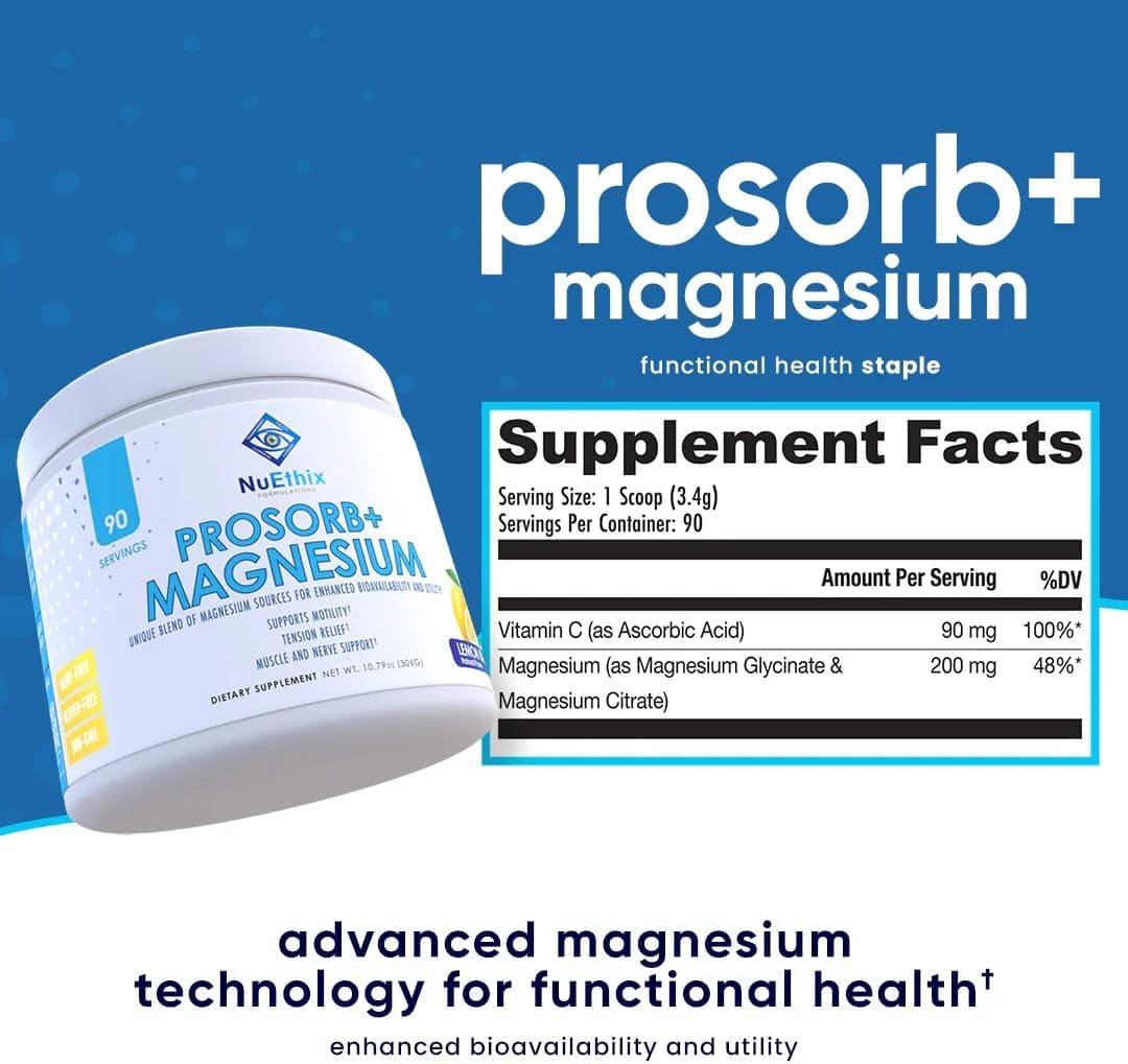 NuEthix Formulations Prosorb+ Magnesium Dietary Supplement, 200mg Magnesium Blend to Support Physical & Mental Wellness, Vitamin C, Dairy-Free, Gluten Free, & Non-GMO, Lemon Italian Ice, 90 Servings
