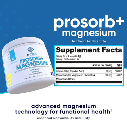 NuEthix Formulations Prosorb+ Magnesium Dietary Supplement, 200mg Magnesium Blend to Support Physical & Mental Wellness, Vitamin C, Dairy-Free, Gluten Free, & Non-GMO, Lemon Italian Ice, 90 Servings