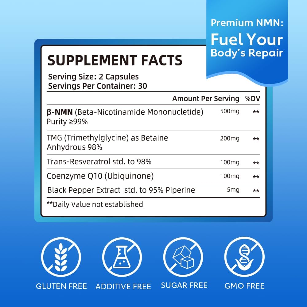 NMN 500mg Capsules, 5-in-1 with Resveratrol, TMG & CoQ10, 60 Count | Supports Cellular Energy Support, Healthy Aging Support, DNA Repair and NAD+ Production, Daily Supplement, Non-GMO