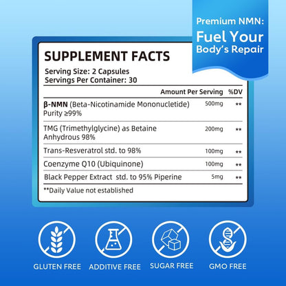 NMN 500mg Capsules, 5-in-1 with Resveratrol, TMG & CoQ10, 60 Count | Supports Cellular Energy Support, Healthy Aging Support, DNA Repair and NAD+ Production, Daily Supplement, Non-GMO