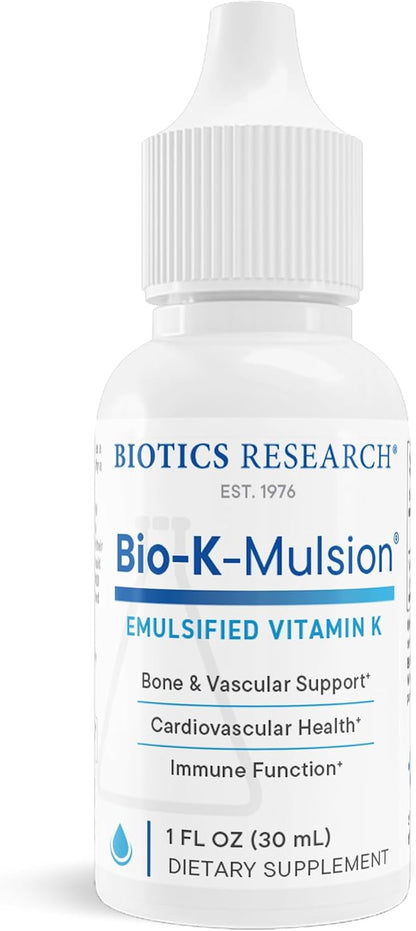BIOTICS RESEARCH Bio K Mulsion Liquid Vitamin K Drops - 500 mcg/S - Vitamin K1 phytonadione for Adults - VIT K Supplement - Strong Bones, Heart Health, Blood Clotting Support, 1 fl oz