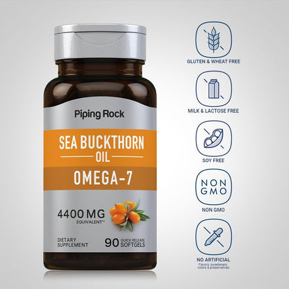 Piping Rock Sea Buckthorn Oil Capsules | 90 Softgels | Sea Buckthorn Berry Extract | With Omega-7 | Gluten Free, Non-GMO