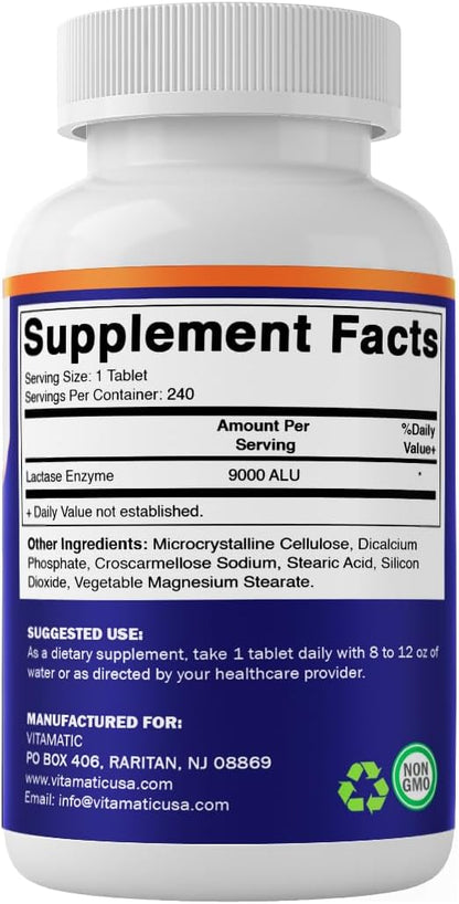 Vitamatic Lactase Enzyme 9000 FCC 240 Tablets - Lactose Intolerance Relief Caplets