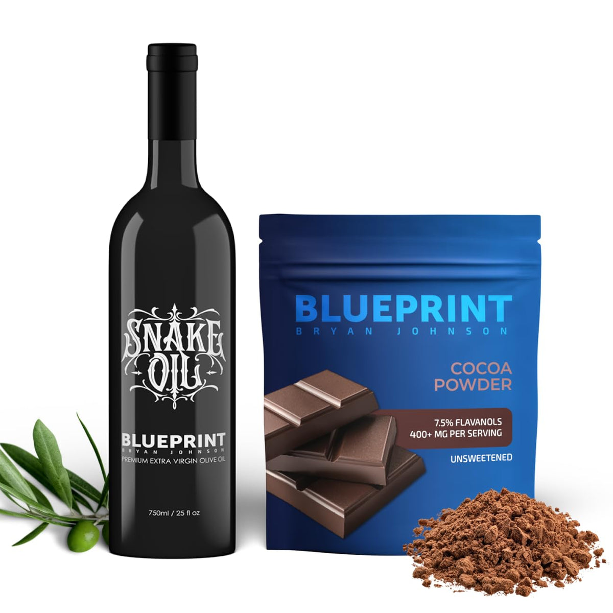 Blueprint Bryan Johnson Extra Virgin Olive Oil - Single Source, 750ml Glass Bottle + Non Dairy Cocoa Powder - 100% Pure Cocoa, (12 Ounces)