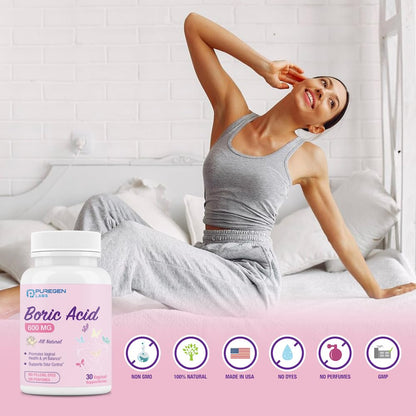 Puregen Labs Boric Acid 600 mg Vaginal Suppositories - 100% Pure | All Natural Without Dyes or Fillers