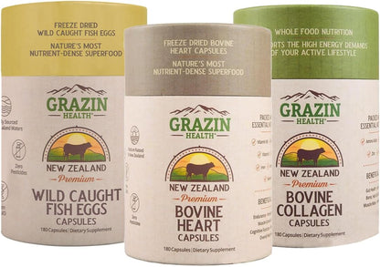 Cardio & Performance Bundle Heart + Fish Eggs + Collagen | Whole-Food Heart Capsules + Fish Eggs + Grass-Fed Collagen, Omega-3, DHA & EPA Fish Roe and Bovine Organ Supplements