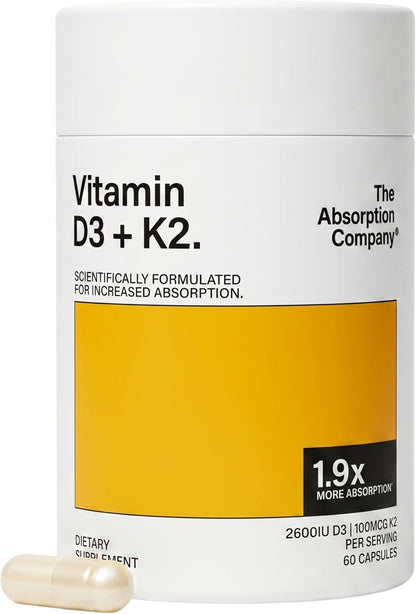The Absorption Company Vitamin D3 K2-60 Muscle Support Capsules - 5000iu | Bioavailable Heart Health Aid, Workout & Sore Recovery Supplement, Bone & Immune Health Vitamins, 1.9x Higher Absorption
