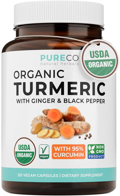 Organic Turmeric Ginger Black Pepper Supplement - High Potency Organic Turmeric Curcumin Capsules with Ginger & Black Pepper for Enhanced Benefits and Absorption - Vegan & Non-GMO (2 Month Supply)