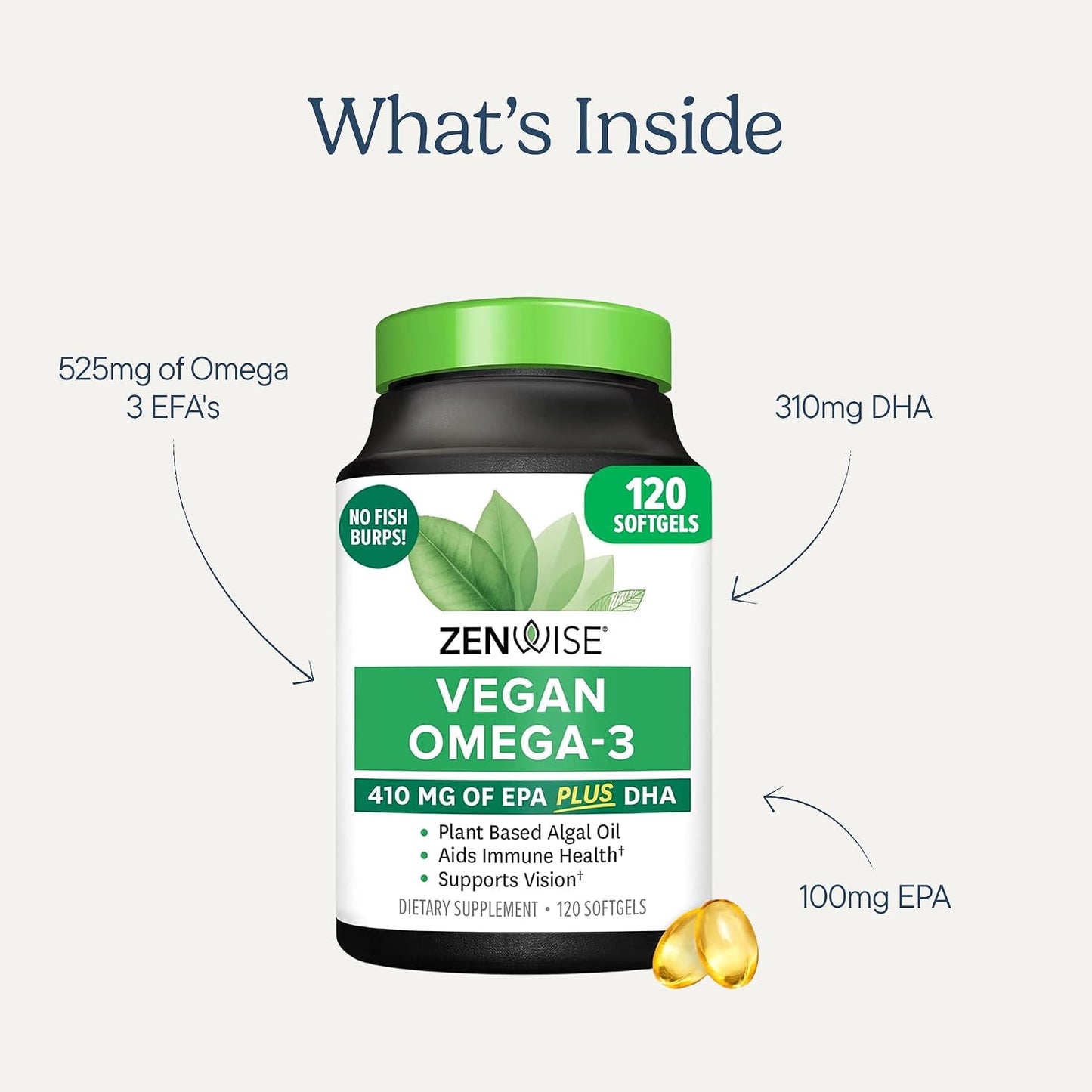 Zenwise Health Vegan Omega 3 Supplement, Algae Oil, EPA DHA - 120 CT | 120 Softgels, Plant-based Fish Oil Alternative, 510mg EPA DHA DPA, Algal Oil, Sustainably Sourced, Burpless, Non-GMO, Vegan