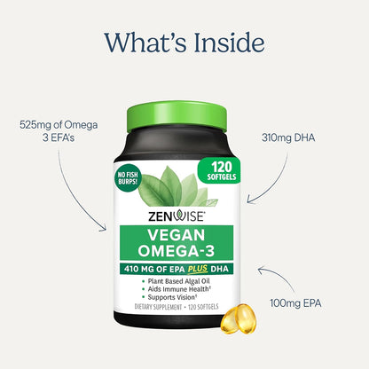 Zenwise Health Vegan Omega 3 Supplement, Algae Oil, EPA DHA - 120 CT | 120 Softgels, Plant-based Fish Oil Alternative, 510mg EPA DHA DPA, Algal Oil, Sustainably Sourced, Burpless, Non-GMO, Vegan