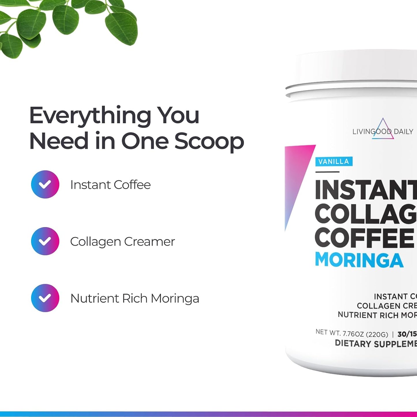 Livingood Daily Instant Collagen Coffee with Moringa, Vanilla - Instant Ground Coffee - Low Acid, Shade Grown & Made with Organic Coffee - Metabolism, Detox & Energy Boosting - 12 Oz