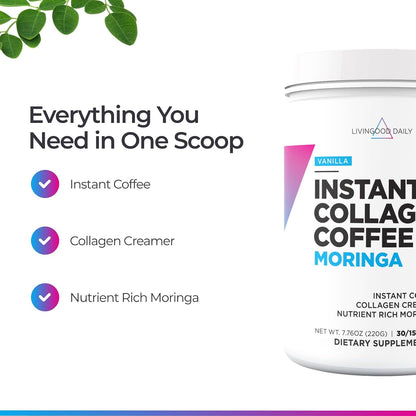 Livingood Daily Instant Collagen Coffee with Moringa, Vanilla - Instant Ground Coffee - Low Acid, Shade Grown & Made with Organic Coffee - Metabolism, Detox & Energy Boosting - 12 Oz