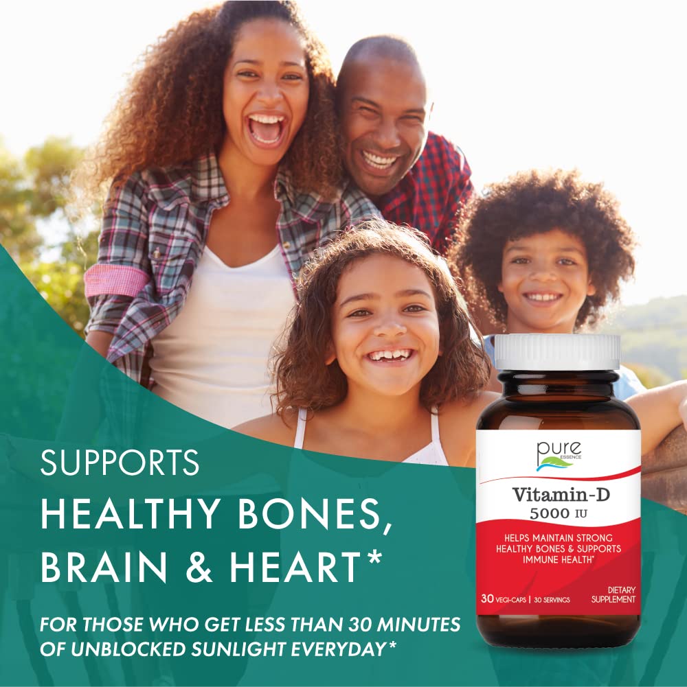 Pure Essence Labs Vitamin D - 5000 IU of Vitamin D from 100% Pure Cholecalciferol - 30 Vegetarian Capsules