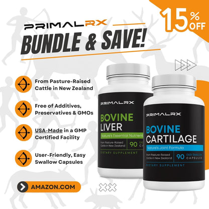 Beef Liver & Beef Cartilage Supplement Bundle, Grass Fed Freeze-Dried Organ Capsules with Heme Iron, Vitamin A, B12, Type II Collagen, Glucosamine, Chondroitin & Joint Support, 2 x 90 Count