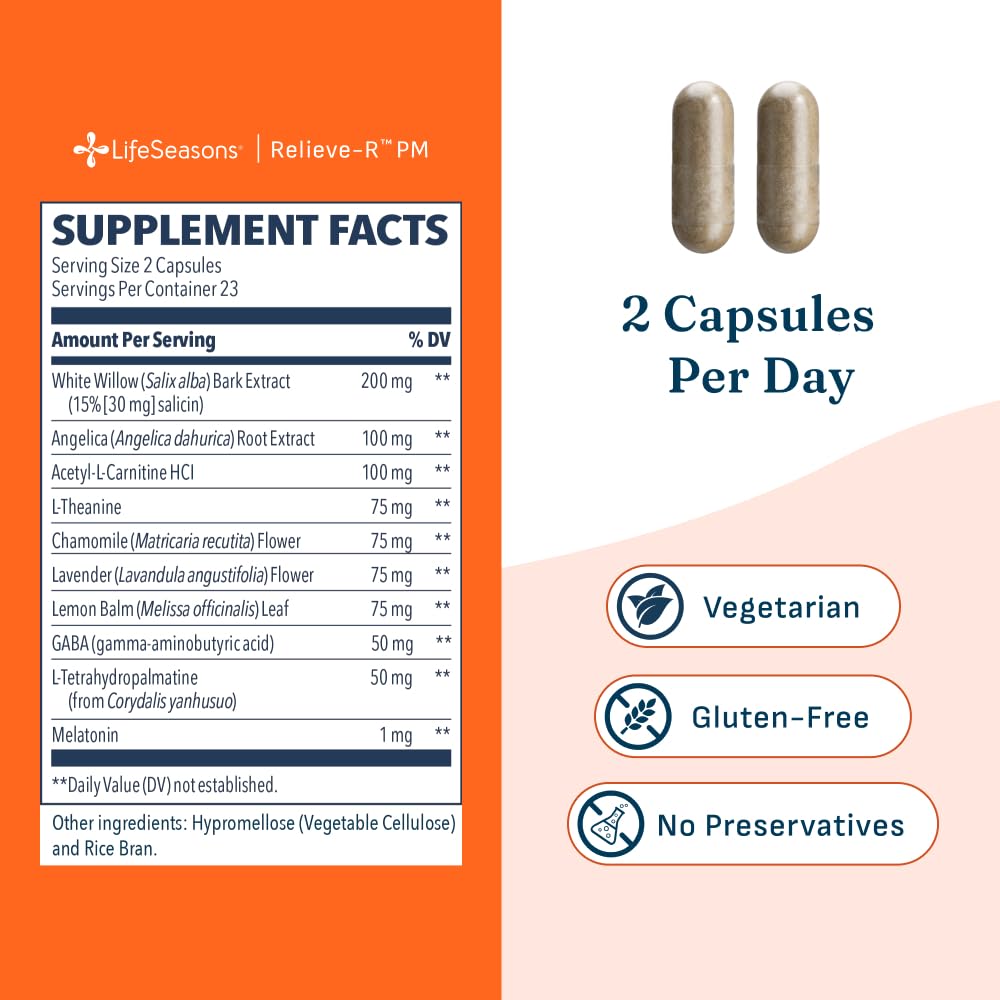 LifeSeasons Relieve-R PM - Eases Nighttime Aches & Discomfort - Relaxes Muscles - Calms The Nervous System - Supports Natural Sleep Cycles & Non Habit Forming - 46 Capsules
