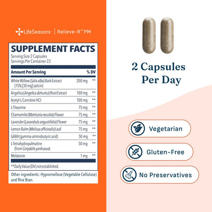 LifeSeasons Relieve-R PM - Eases Nighttime Aches & Discomfort - Relaxes Muscles - Calms The Nervous System - Supports Natural Sleep Cycles & Non Habit Forming - 46 Capsules