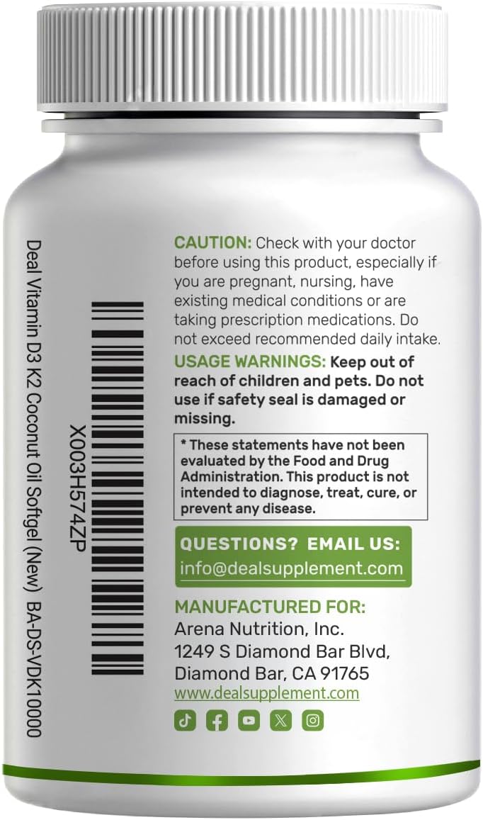 DEAL SUPPLEMENT Vitamin D3 10,000 IU + K2 MK7 200mcg Softgels, 250 Count | 2-in-1 Complex with Virgin Coconut Oil | Easy to Swallow