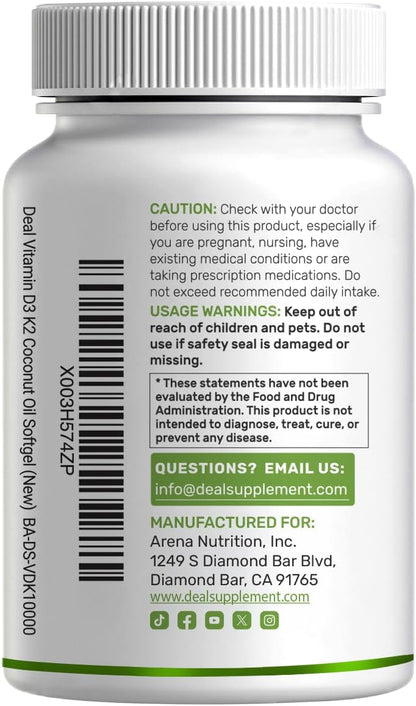 DEAL SUPPLEMENT Vitamin D3 10,000 IU + K2 MK7 200mcg Softgels, 250 Count | 2-in-1 Complex with Virgin Coconut Oil | Easy to Swallow