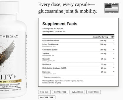 Agility+ Glucosamine Chondroitin Supplement - 1500mg Glucosamine, Boswellia, Turmeric, MSM - Joint Support for Men & Women - Non-GMO Gluten Free - 60 Capsules