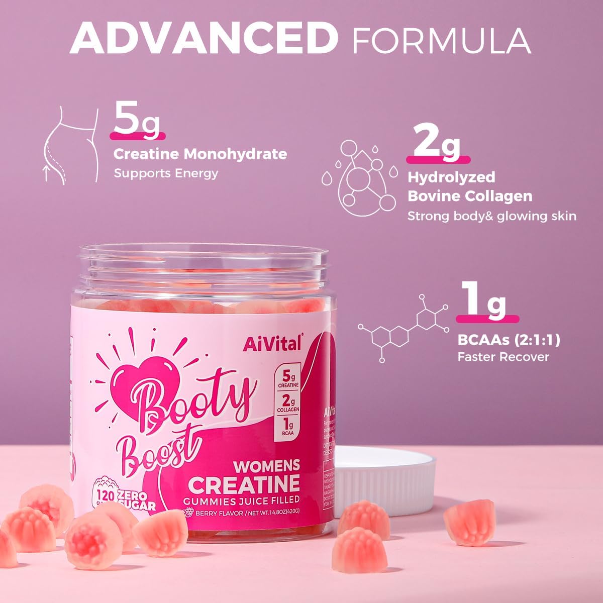 AiVital™ Creatine Gummies for Women, 5g Creatine Monohydrate Gummies +2g Collagen +1g BCAA, Women-Specific Formula, Sugar Free, 30 Servings, 120 Counts (Berry)
